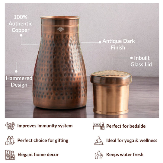 Hammered Shine Copper Bedroom Carafe with Inbuilt Tumbler, 20oz/32oz
