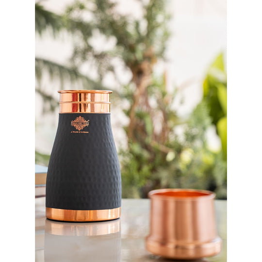Pure Copper Hammered  Silk Finish Bedroom Bottle with Inbuilt Glass