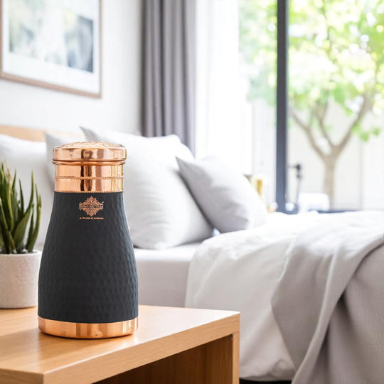 Pure Copper Hammered  Silk Finish Bedroom Bottle with Inbuilt Glass