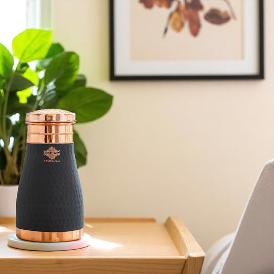 Pure Copper Hammered  Silk Finish Bedroom Bottle with Inbuilt Glass