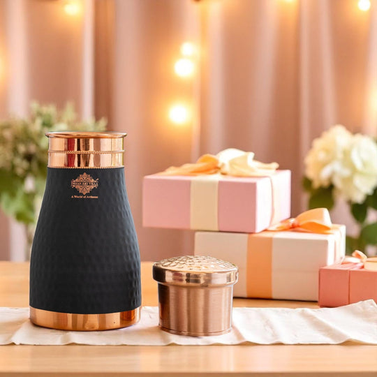 Pure Copper Hammered  Silk Finish Bedroom Bottle with Inbuilt Glass