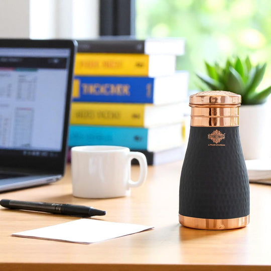 Pure Copper Hammered  Silk Finish Bedroom Bottle with Inbuilt Glass