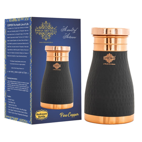 Pure Copper Hammered  Silk Finish Bedroom Bottle with Inbuilt Glass