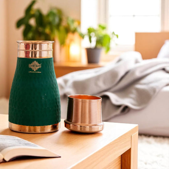 Pure Copper Hammered  Silk Finish Bedroom Bottle with Inbuilt Glass