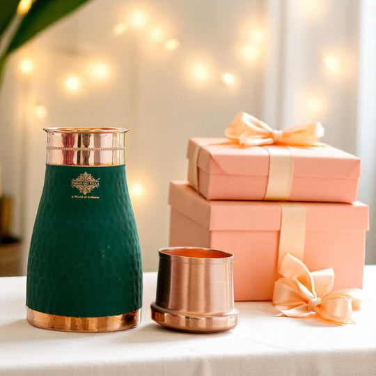 Pure Copper Hammered  Silk Finish Bedroom Bottle with Inbuilt Glass