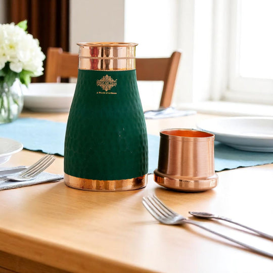 Pure Copper Hammered  Silk Finish Bedroom Bottle with Inbuilt Glass