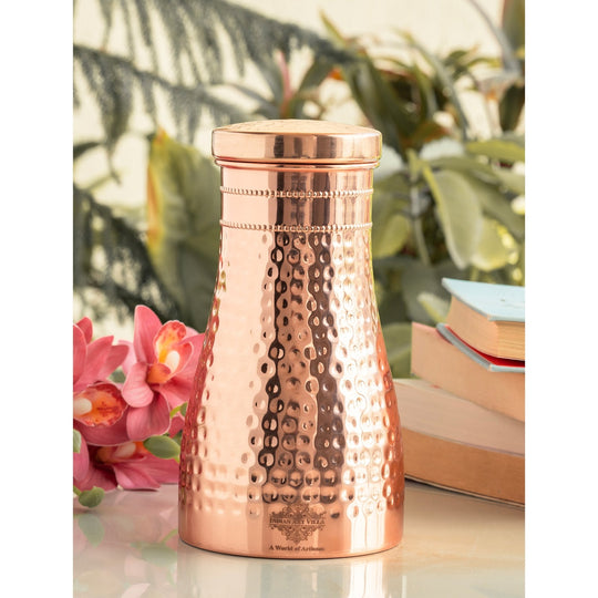 Hammered Shine Copper Bedroom Carafe with Inbuilt Tumbler, 20oz/32oz