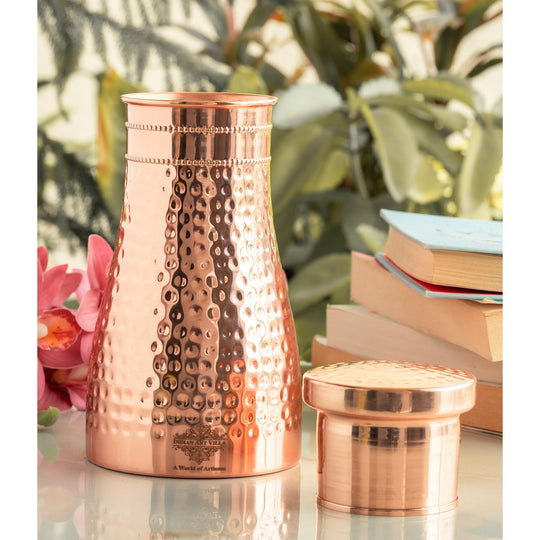 Hammered Shine Copper Bedroom Carafe with Inbuilt Tumbler, 20oz/32oz