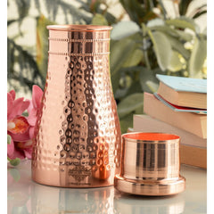 Hammered Shine Copper Bedroom Carafe with Inbuilt Tumbler, 20oz/32oz