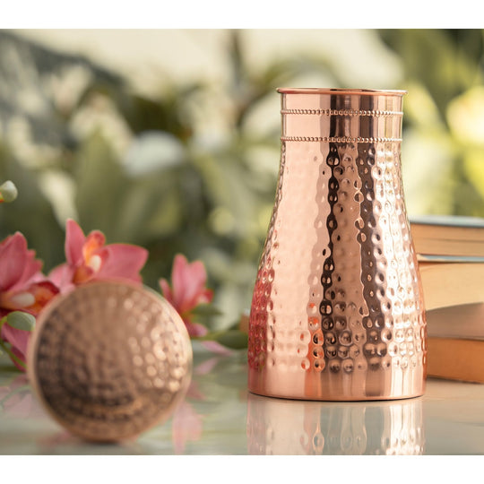 Hammered Shine Copper Bedroom Carafe with Inbuilt Tumbler, 20oz/32oz