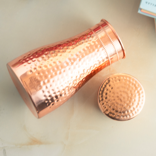 Hammered Shine Copper Bedroom Carafe with Inbuilt Tumbler, 20oz/32oz