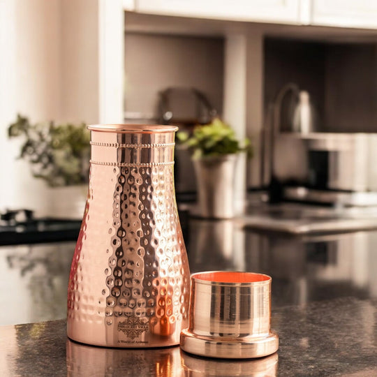 Hammered Shine Copper Bedroom Carafe with Inbuilt Tumbler, 20oz/32oz