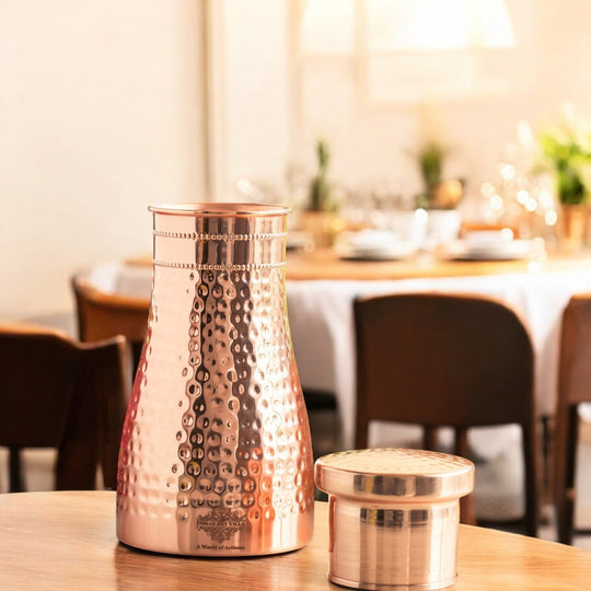 Hammered Shine Copper Bedroom Carafe with Inbuilt Tumbler, 20oz/32oz