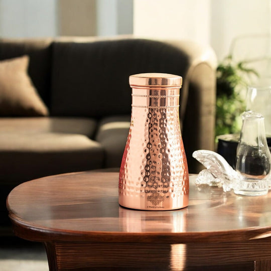 Hammered Shine Copper Bedroom Carafe with Inbuilt Tumbler, 20oz/32oz