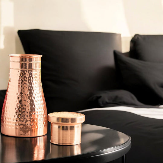 Hammered Shine Copper Bedroom Carafe with Inbuilt Tumbler, 20oz/32oz
