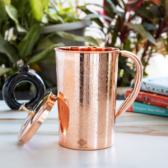 Full Embossed Copper Pitcher with Brass Knob, 51oz/67oz