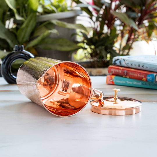 Full Embossed Copper Pitcher with Brass Knob, 51oz/67oz