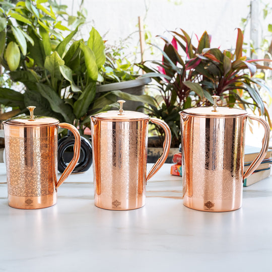 Full Embossed Copper Pitcher with Brass Knob, 51oz/67oz