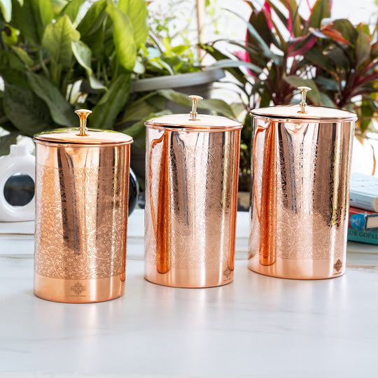 Full Embossed Copper Pitcher with Brass Knob, 51oz/67oz