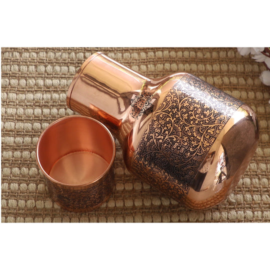 Dark Embossed Pot Shape Copper Bedroom Carafe with Inbuilt Tumbler, 52oz/1530 ML