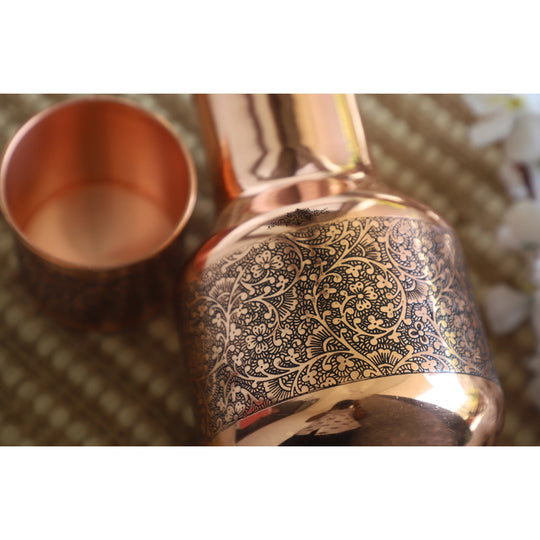 Dark Embossed Pot Shape Copper Bedroom Carafe with Inbuilt Tumbler, 52oz/1530 ML