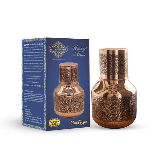 Dark Embossed Pot Shape Copper Bedroom Carafe with Inbuilt Tumbler, 52oz/1530 ML