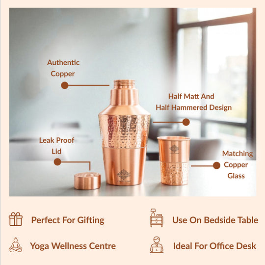 Pure Copper Matt & Hammered Jar 1250ML with Glass & Leak Proof Cap