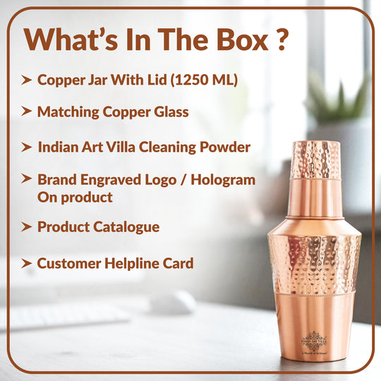 Pure Copper Matt & Hammered Jar 1250ML with Glass & Leak Proof Cap