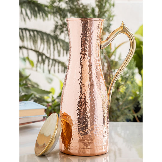 Hammered Curve Copper Pitcher with Brass Handle & Lid, 47oz/1400 ML