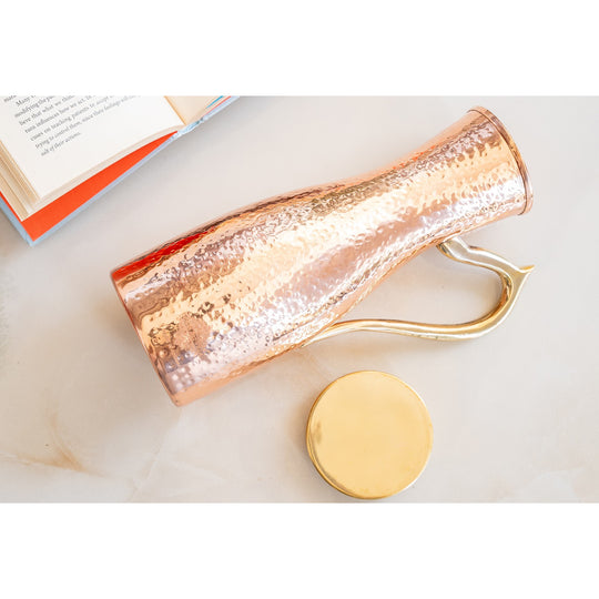 Hammered Curve Copper Pitcher with Brass Handle & Lid, 47oz/1400 ML