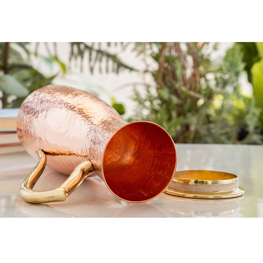 Hammered Curve Copper Pitcher with Brass Handle & Lid, 47oz/1400 ML