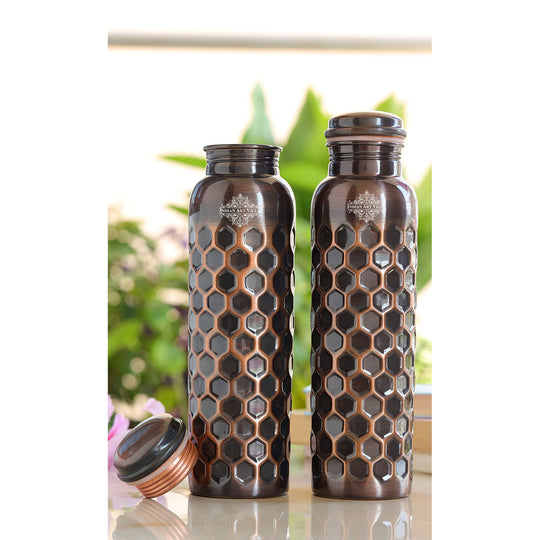 Antique Dark Honey Comb Design Copper Bottle - 34oz/1000 ML