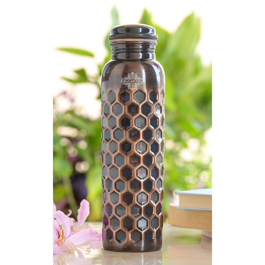 Antique Dark Honey Comb Design Copper Bottle - 34oz/1000 ML