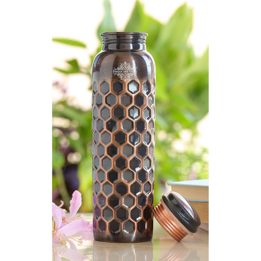 Antique Dark Honey Comb Design Copper Bottle - 34oz/1000 ML