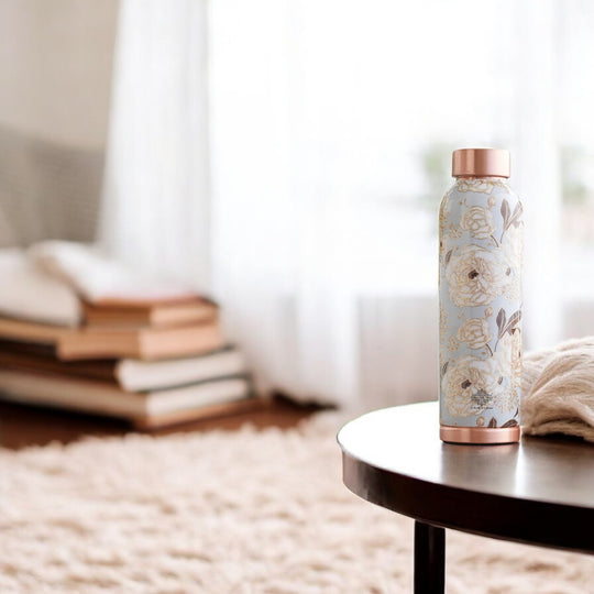 Gold Flower Print Copper Water Bottle, 30oz/900 ML