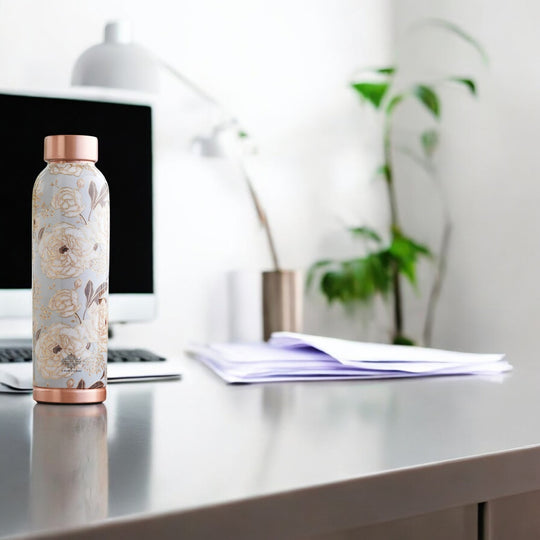 Gold Flower Print Copper Water Bottle, 30oz/900 ML