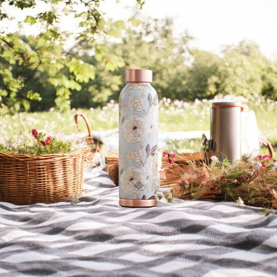 Gold Flower Print Copper Water Bottle, 30oz/900 ML