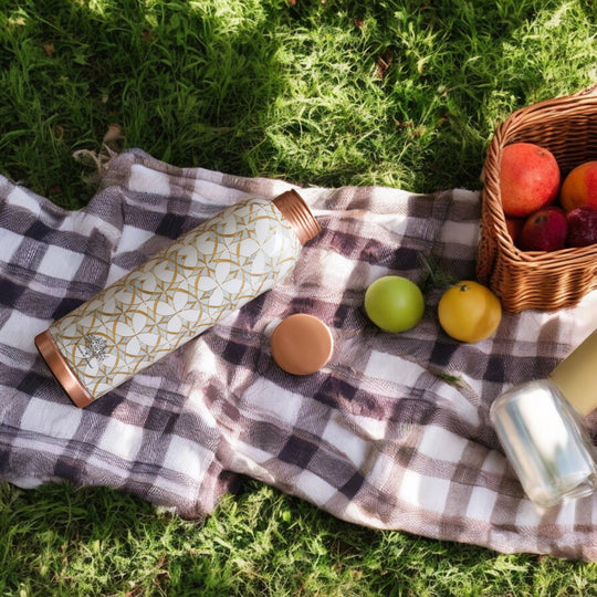 Gold Flower Print Copper Water Bottle, 30oz/900 ML