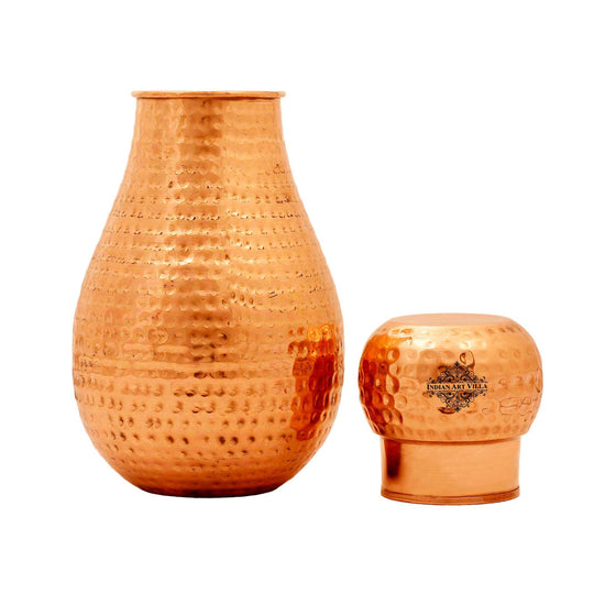 Hammered Pot Copper Bedroom Carafe with Inbuilt Tumbler, 54oz/1600 ML