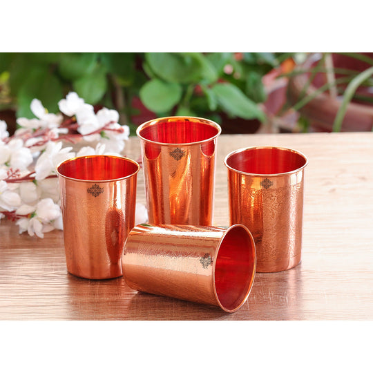 Embossed Design Copper Drinking Tumbler With 2 & 4 Sets