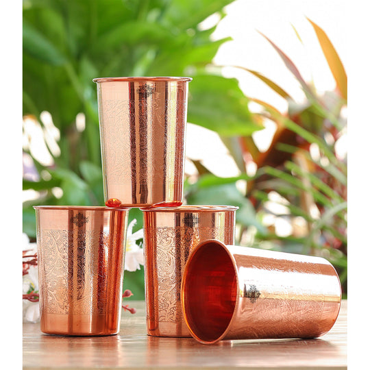 Embossed Design Copper Drinking Tumbler With 2 & 4 Sets