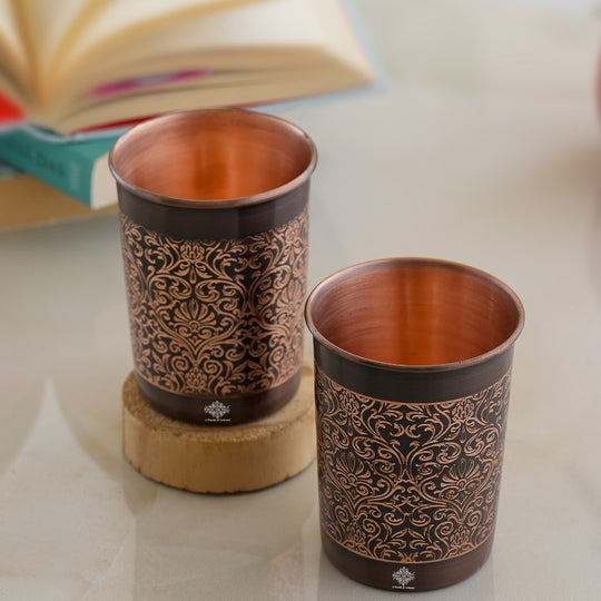 Embossed Design Copper Drinking Tumbler With 2 & 4 Sets