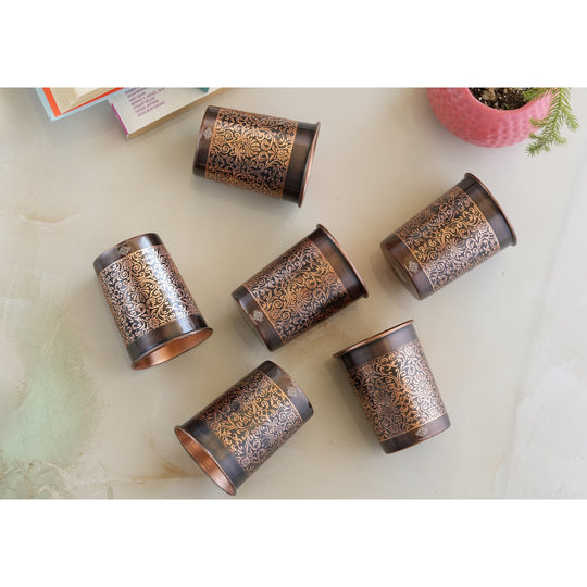 Embossed Design Copper Drinking Tumbler With 2 & 4 Sets