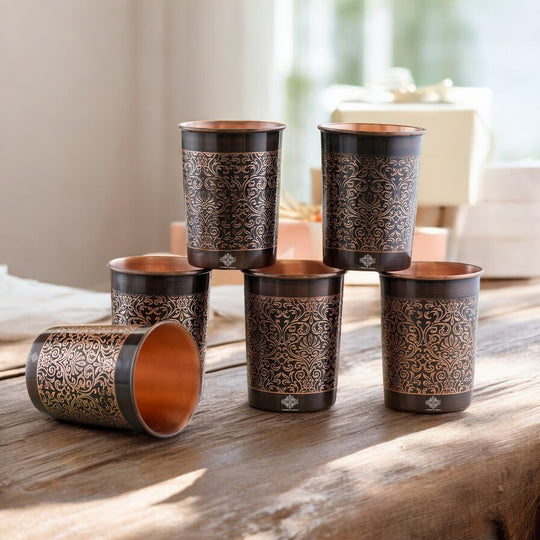 Embossed Design Copper Drinking Tumbler With 2 & 4 Sets
