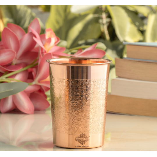 Embossed Design Copper Drinking Tumbler With 2 & 4 Sets