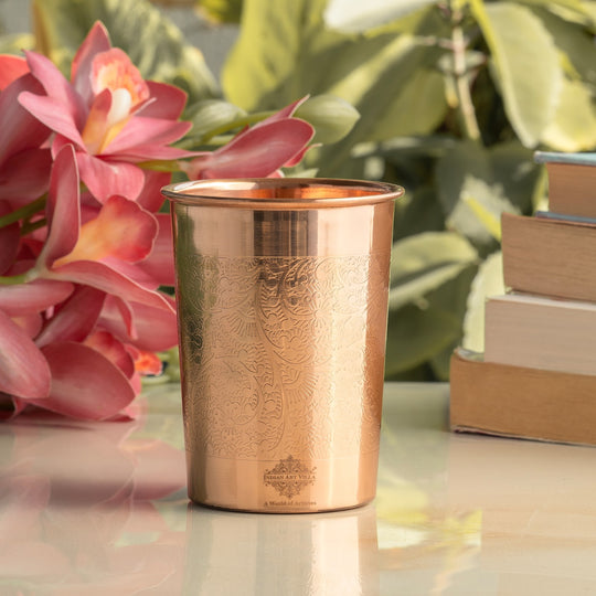 Embossed Design Copper Drinking Tumbler With 2 & 4 Sets