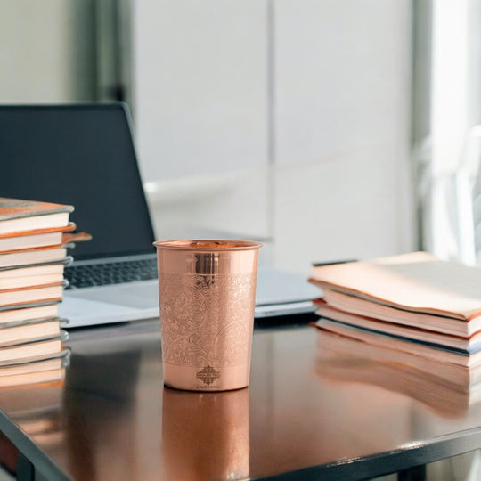 Embossed Design Copper Drinking Tumbler With 2 & 4 Sets
