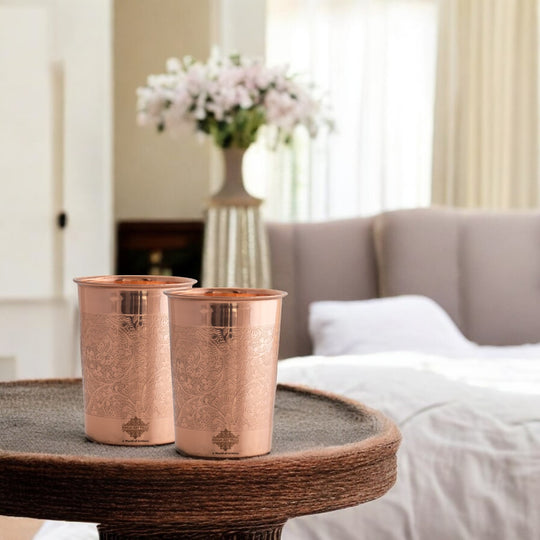 Embossed Design Copper Drinking Tumbler With 2 & 4 Sets