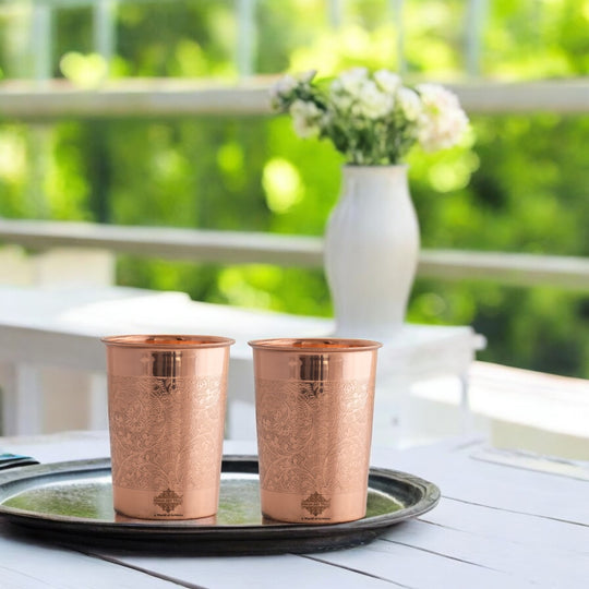 Embossed Design Copper Drinking Tumbler With 2 & 4 Sets