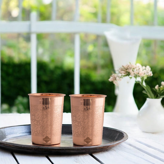 Embossed Design Copper Drinking Tumbler With 2 & 4 Sets